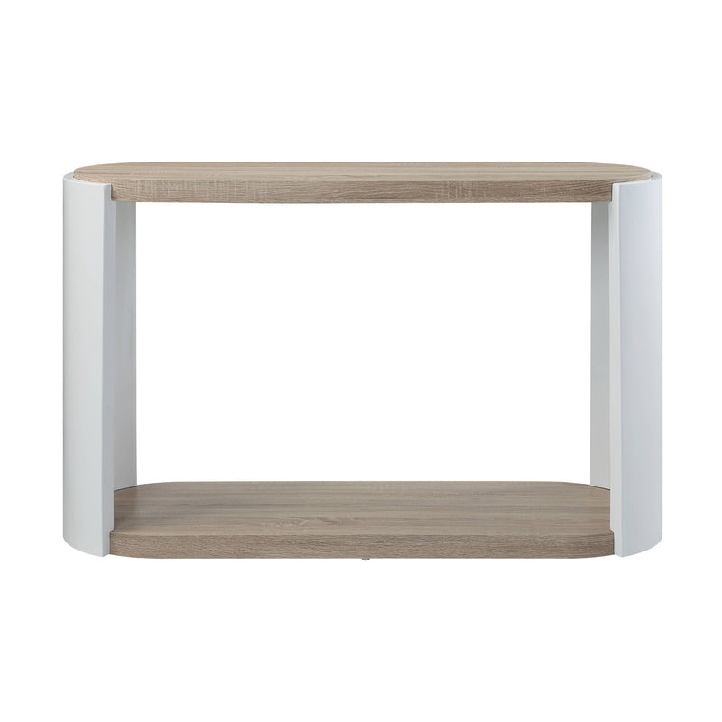 Oak and white sofa table with rounded edges and lower shelf, white frame legs