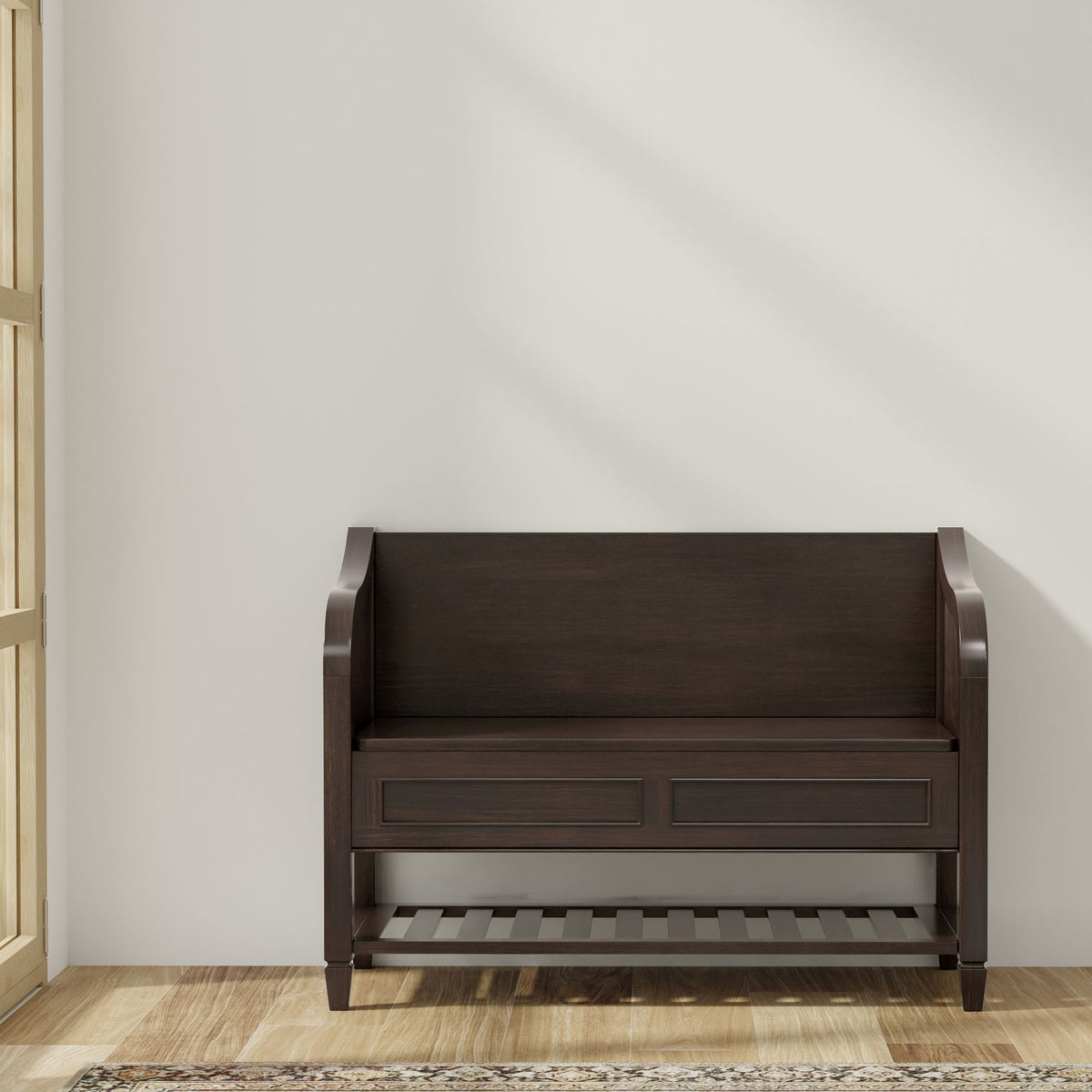 Dark chestnut wood entryway storage bench with open shelf, two drawers, slatted base