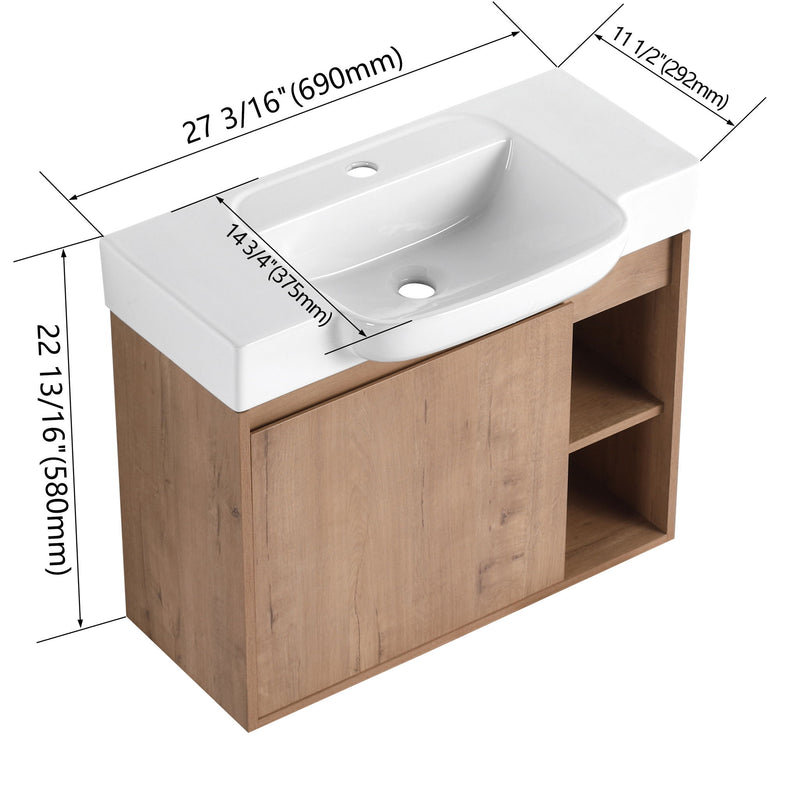 Bathroom vanity with dark wood cabinet, white sink top, and open side storage