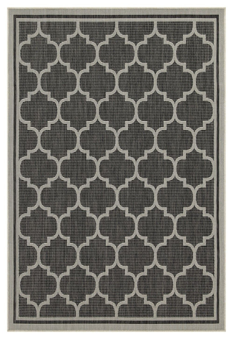 Blue polypropylene area rug with dark gray quatrefoil trellis pattern