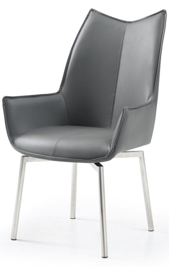 Dark gray swivel dining chair with upholstered seat and curved back, silver metal legs