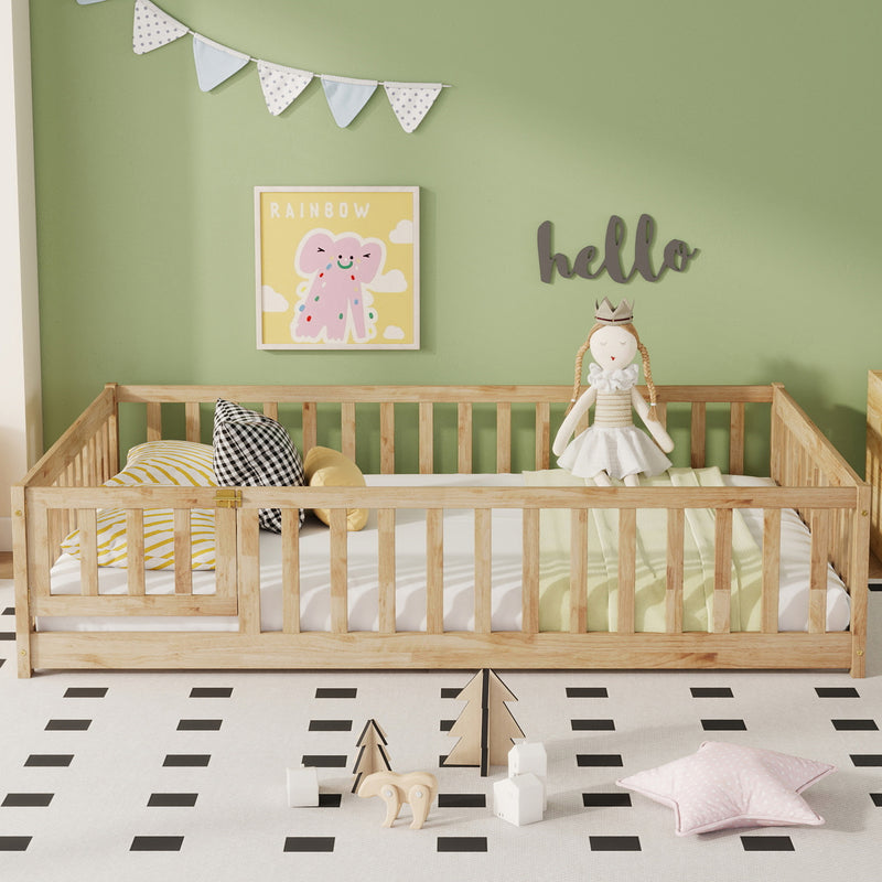 Natural wood floor bed with safety guardrails and open front fence