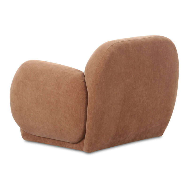 Copper-brown upholstered lounge chair with wide rounded arms and low back, side view.