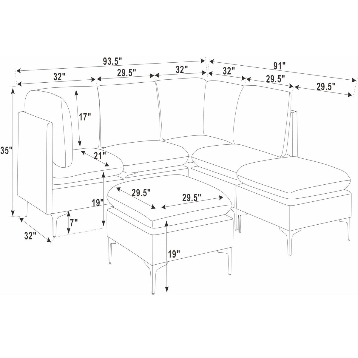 Dark gray sectional and ottoman layout diagram with measurements