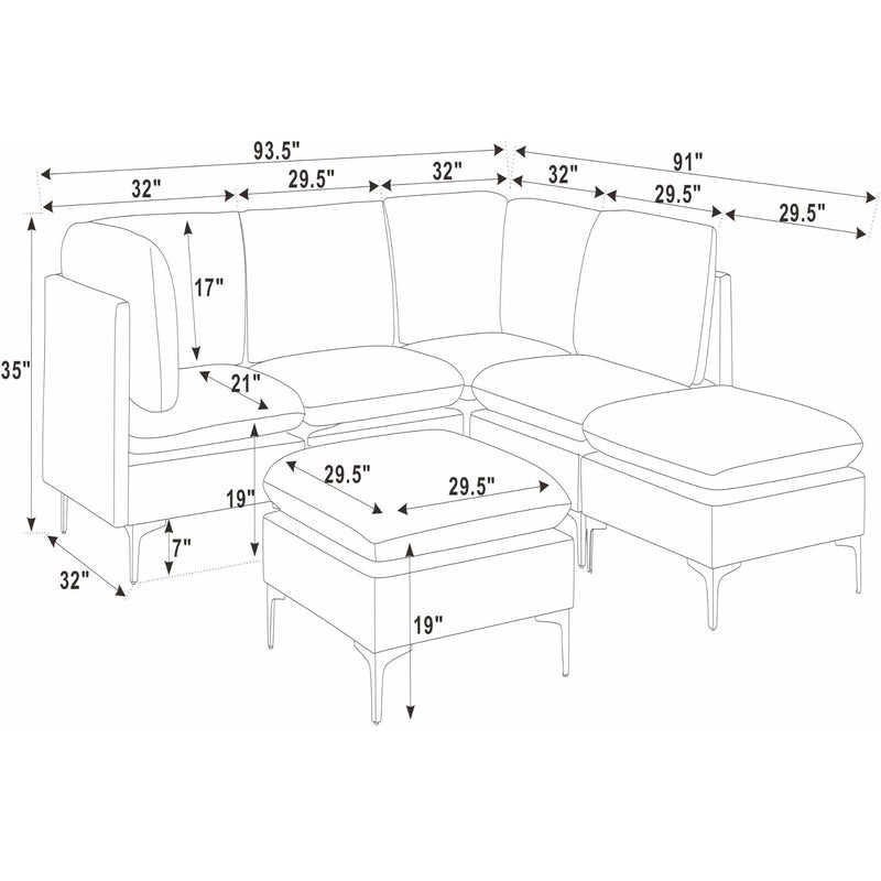 Dark gray sectional and ottoman layout diagram with measurements