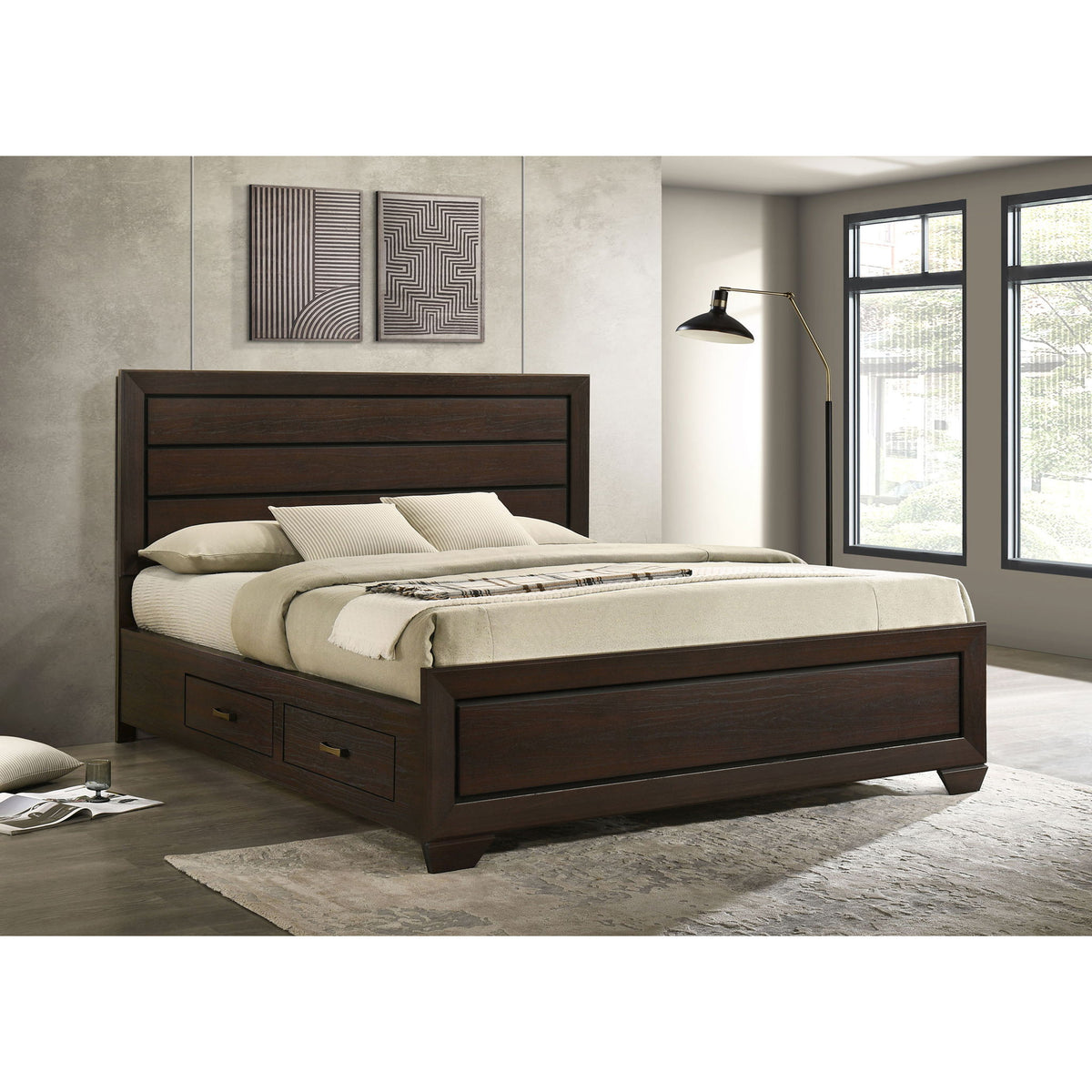 Dark brown panel bed with two side drawers, tall headboard, and slatted base
