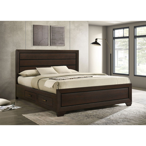Dark brown panel bed with two side drawers, tall headboard, and slatted base