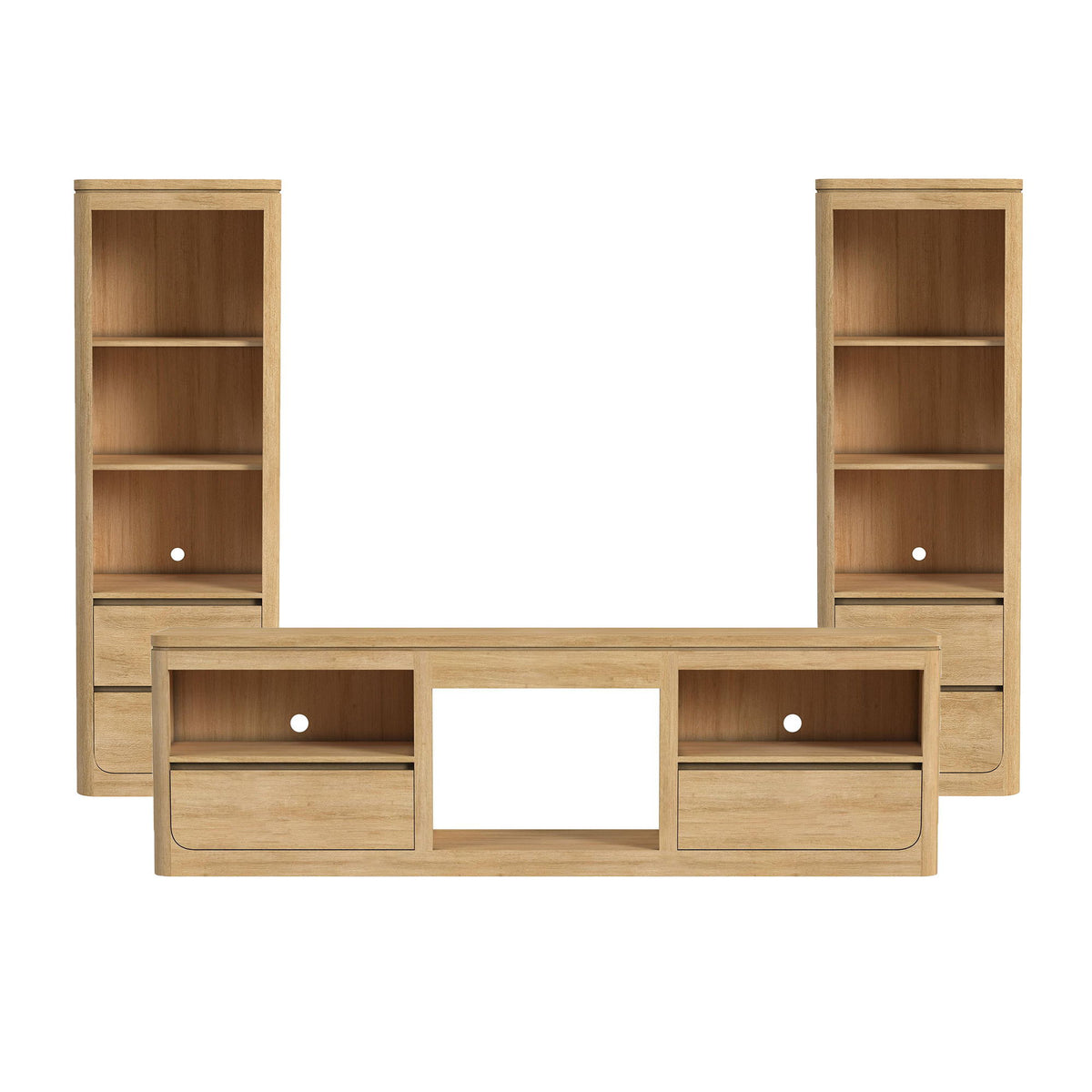 Light brown entertainment unit with central opening, two side shelves, and drawer cabinets