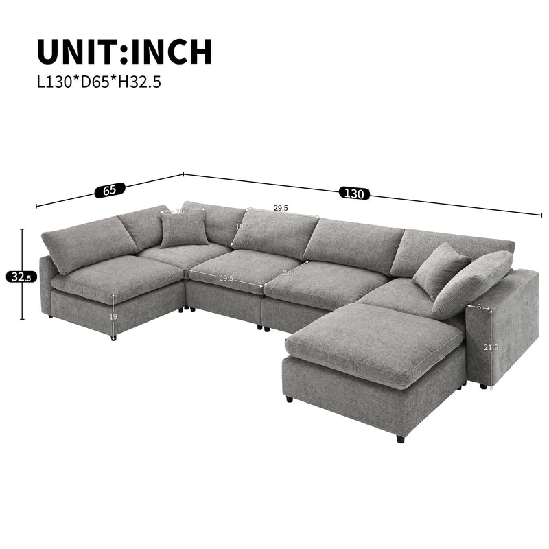 Modern Modular Cloud Sofa Bed, 6 Seat Sectional Couch Set With Ottoman, Free Combination, Convertible U Shaped Sleeper Sofa For Living Room