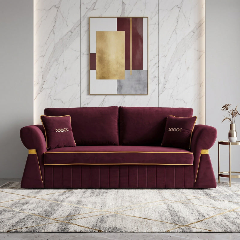 Dark red three-seat sofa with two cushions, shown from the front