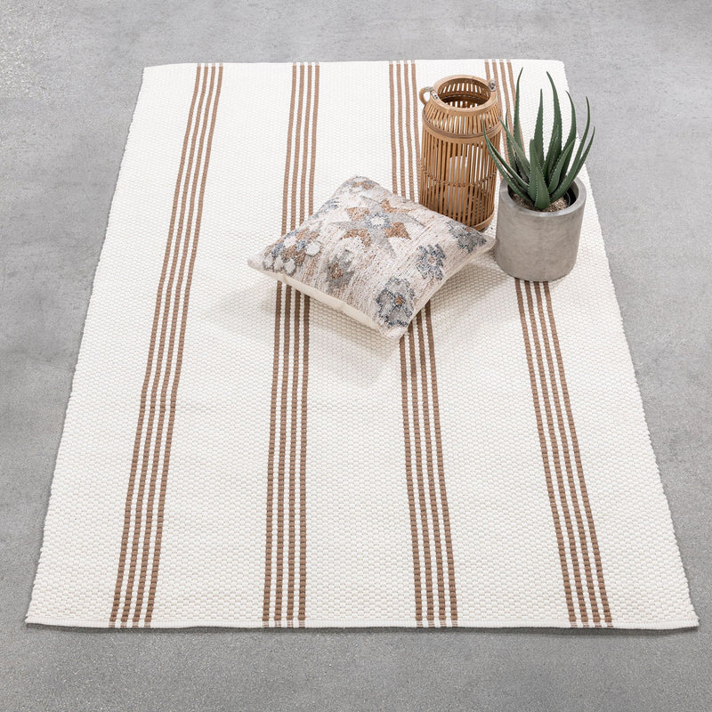 Ivory rug with vertical tan stripe bands and flat woven grid texture