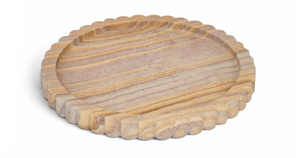 Sandstone serving tray with scalloped edge and layered multicolor stripes