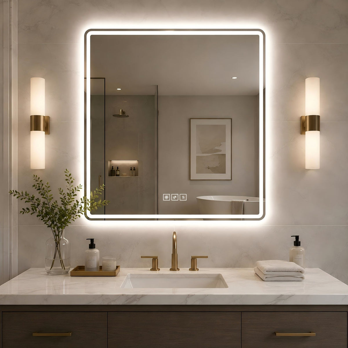 Square LED bathroom mirror with glowing frosted light border and touch control icons