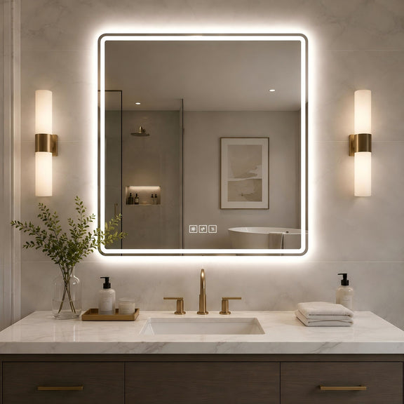 Square LED bathroom mirror with glowing frosted light border and touch control icons