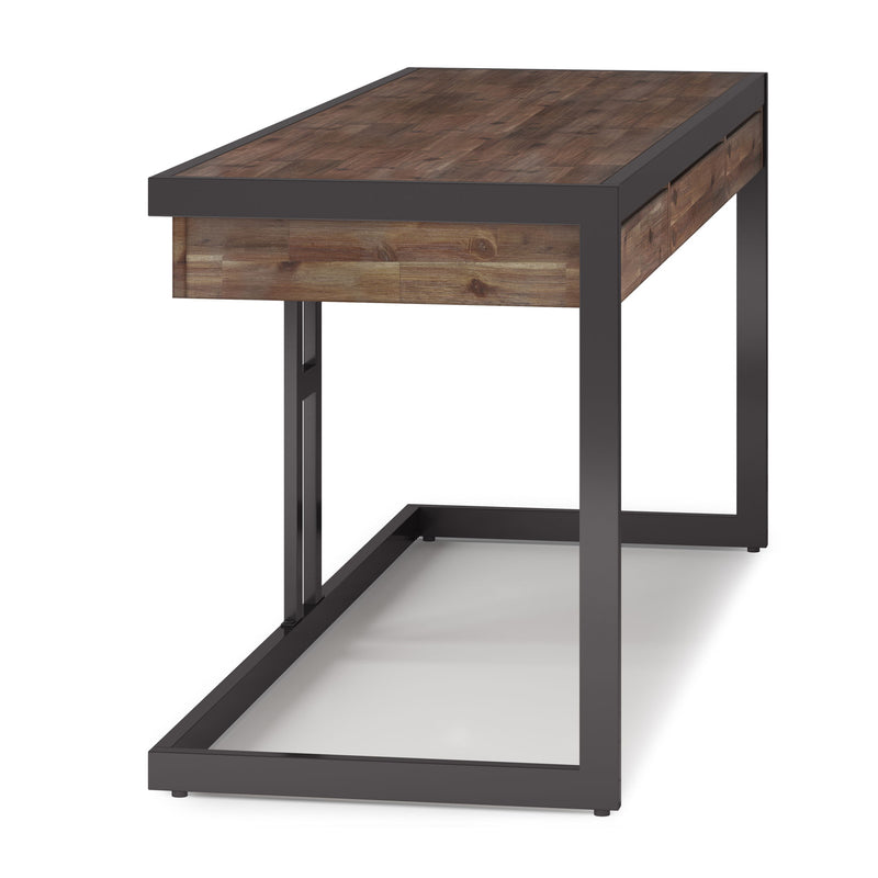 Rustic brown desk with drawer storage and open metal base frame