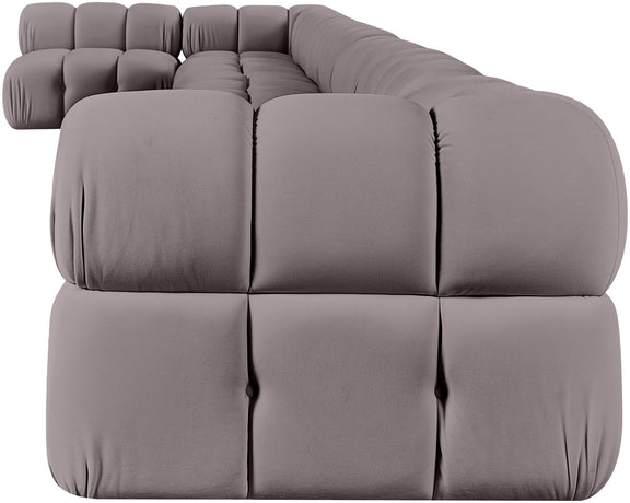 Light gray velvet L-shaped sectional sofa with plush tufted cushion blocks