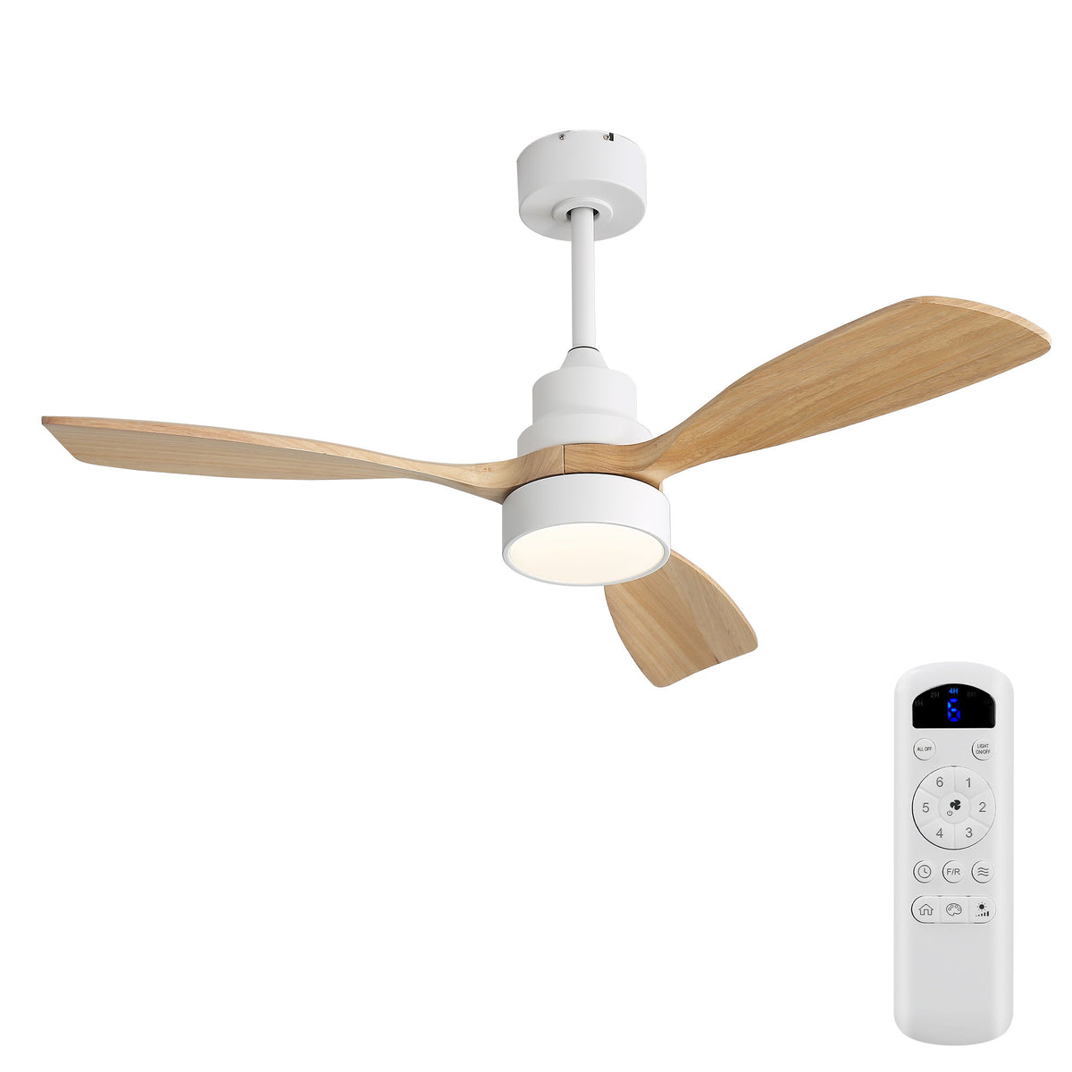 White ceiling fan with LED light and three light wood blades, plus handheld remote