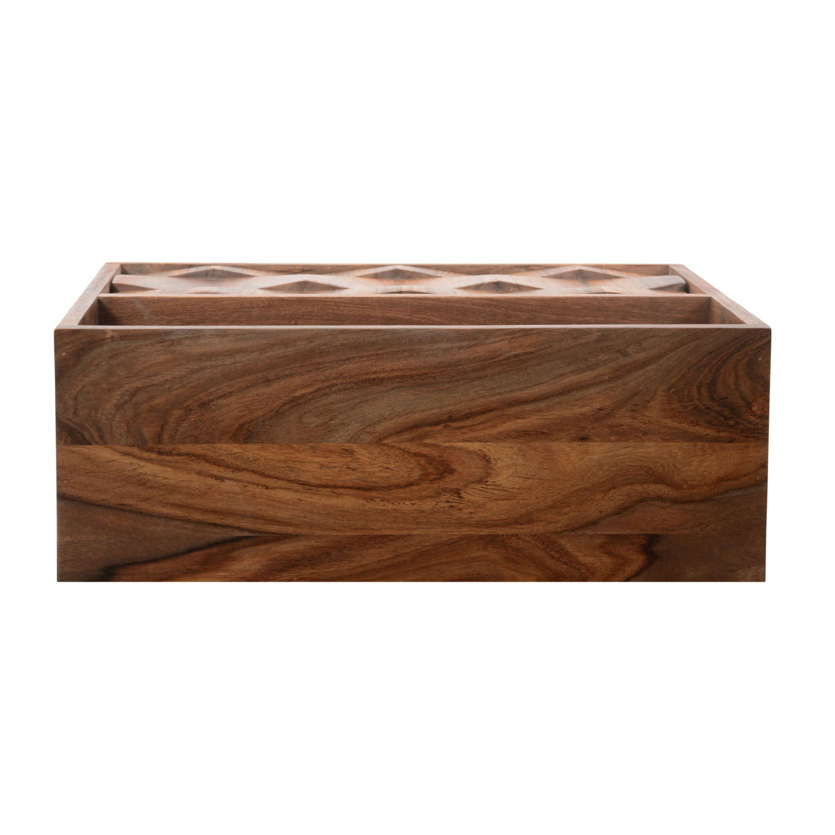 Brown wooden nightstand with open top and geometric insert