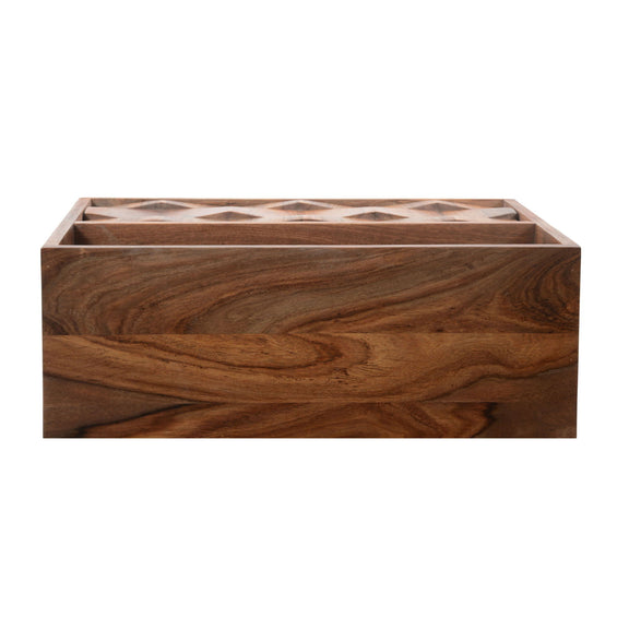 Brown wooden nightstand with open top and geometric insert