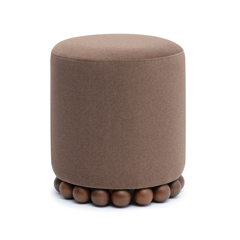 Round upholstered ottoman in taupe brown with beaded wooden base