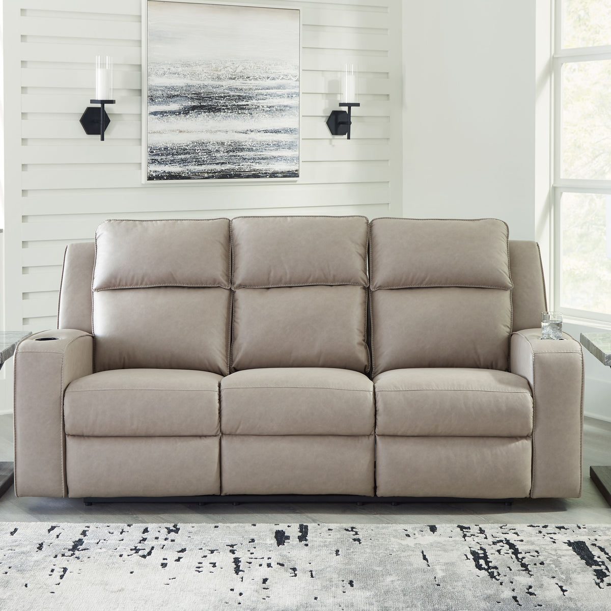 Lavenhorne - Pebble - Rec Sofa W/Drop Down Table