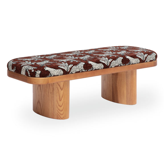 Leopard jacquard bench with dark brown patterned top, curved light wood legs