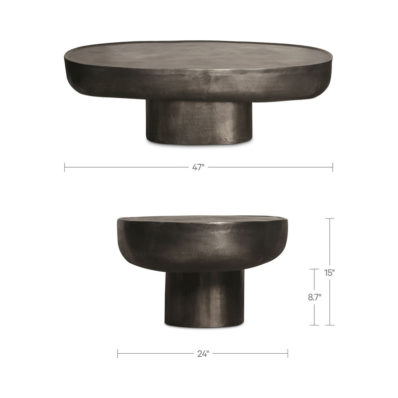 Round dark bronze coffee table, 47 in wide and 8.7 in high, pedestal base