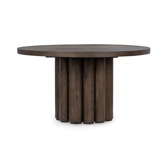 Toasted brown round dining table with fluted pedestal base in dark wood grain.