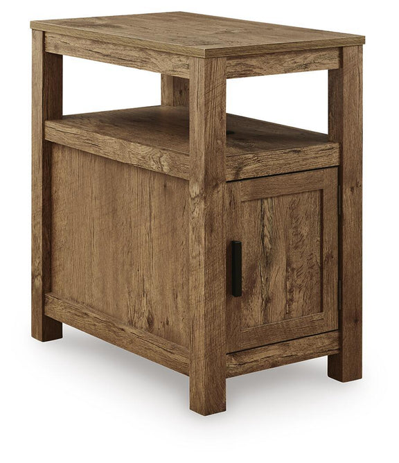 Chair side end table in light brown wood with open shelf and cabinet door