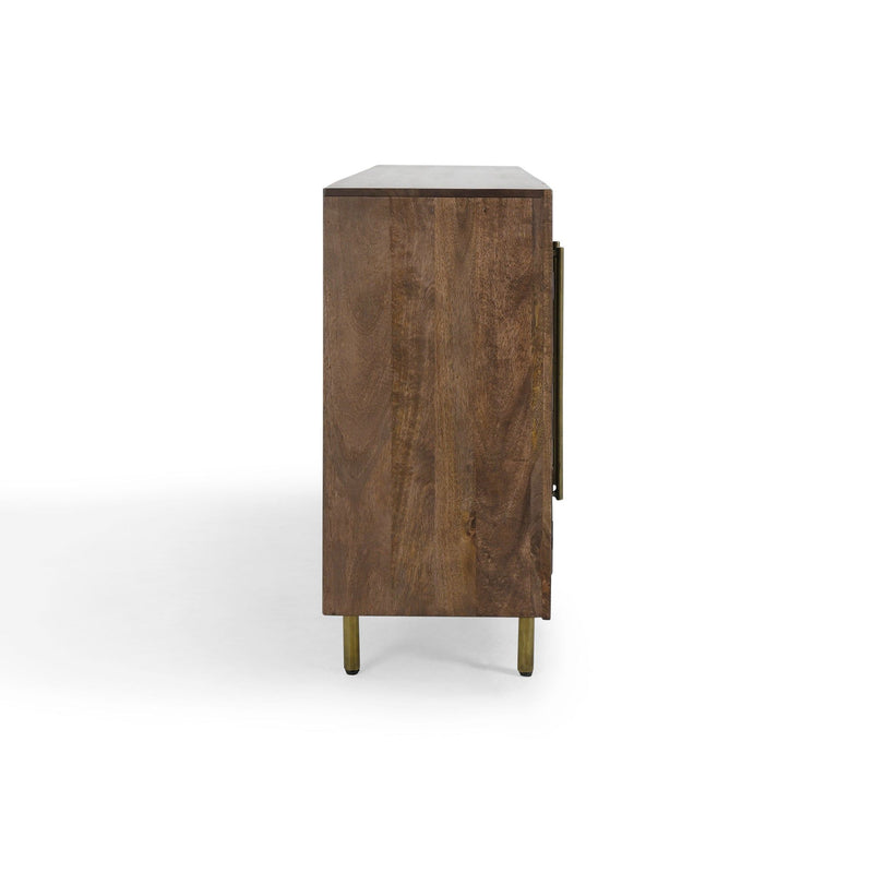 Brown wood cabinet with one door, side handle, and slender legs