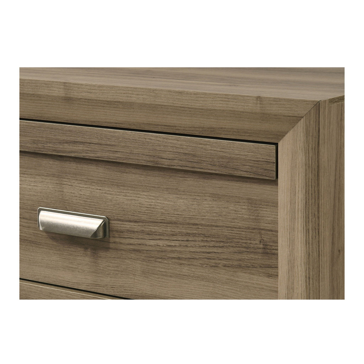 Close-up of light brown wood-look drawer front with silver bar pull