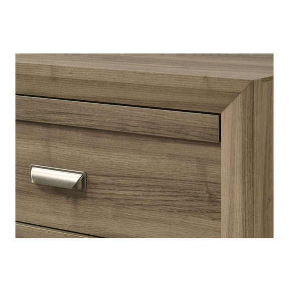 Close-up of light brown wood-look drawer front with silver bar pull