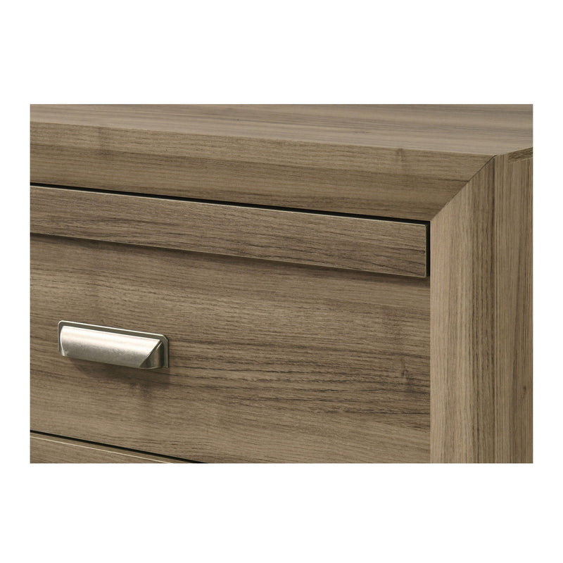 Close-up of light brown wood-look drawer front with silver bar pull