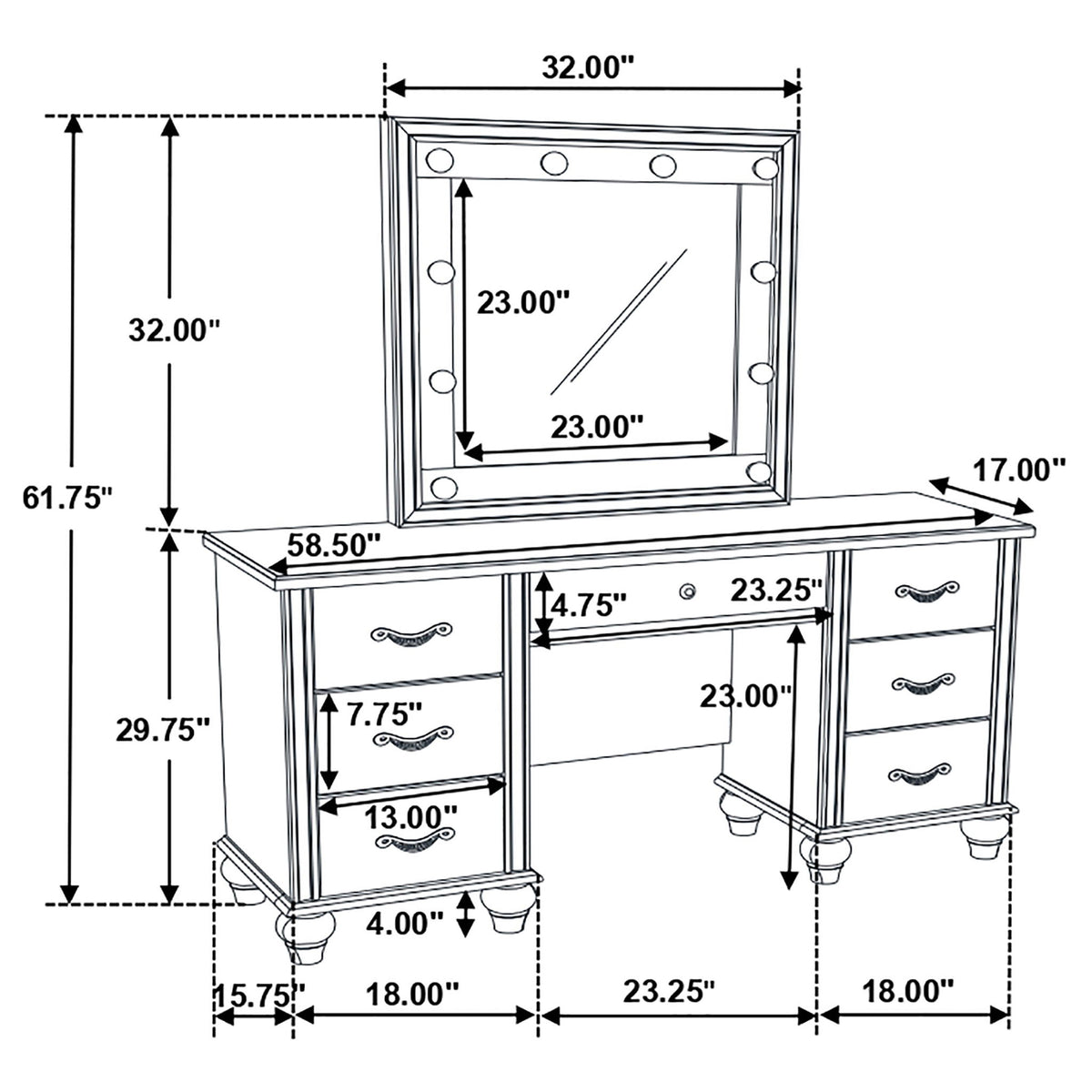 Charlotte - 7 Drawer Vanity Desk With LED Mirror - White