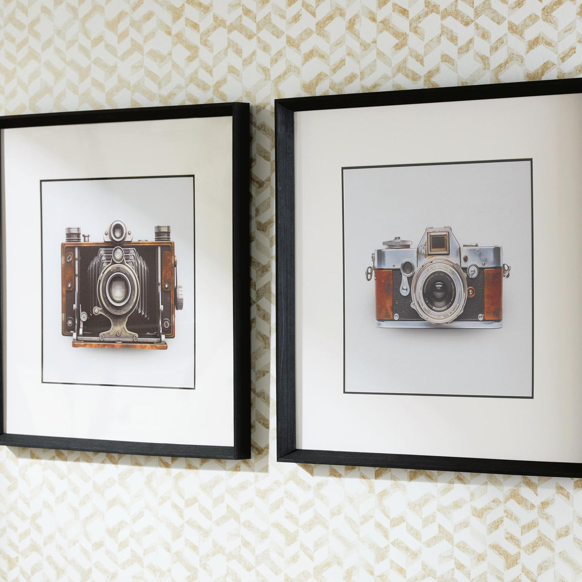 Set of 2 black-framed vintage camera wall art prints with brown and gray tones
