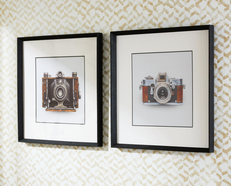 Set of 2 black-framed vintage camera wall art prints with brown and gray tones