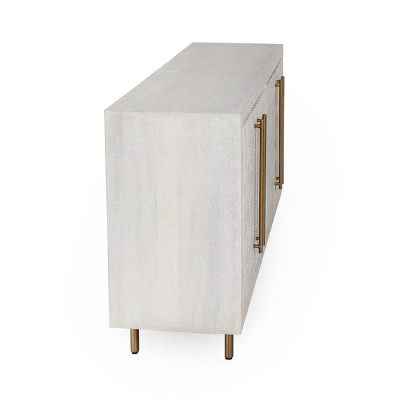 White cabinet with side handle bar and open edge, slender legs and clean frame