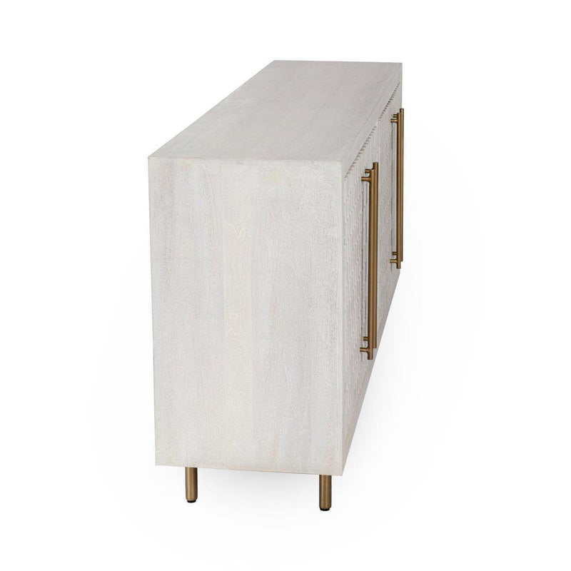 White cabinet with side handle bar and open edge, slender legs and clean frame