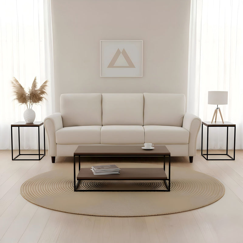 Beige 3-seat sofa with curved arms and three seat cushions.