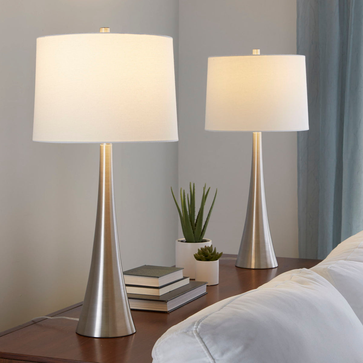 Set of 2 table lamps with white shades and bronze tapered bases