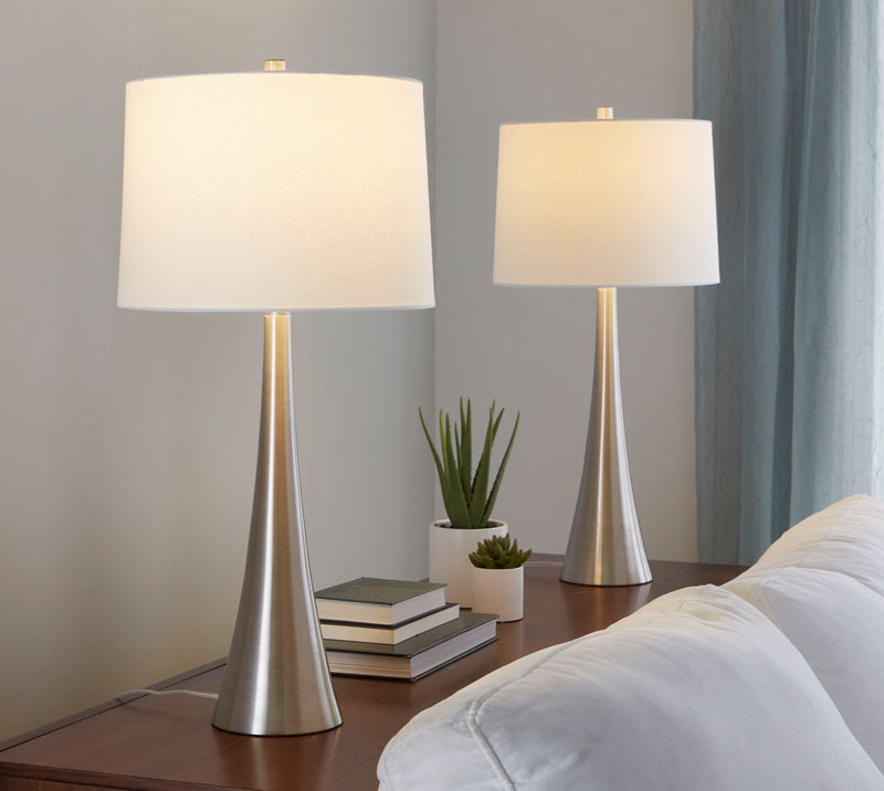 Set of 2 table lamps with white shades and bronze tapered bases