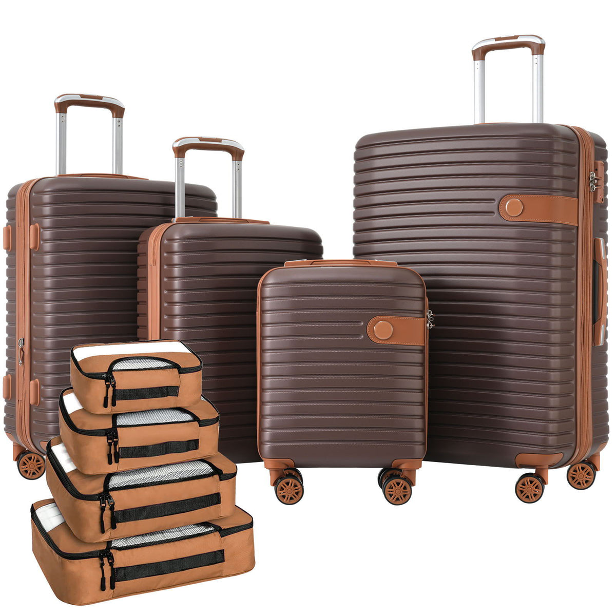 Dark brown hard-shell rolling luggage set with 4 packing cubes and telescoping handle
