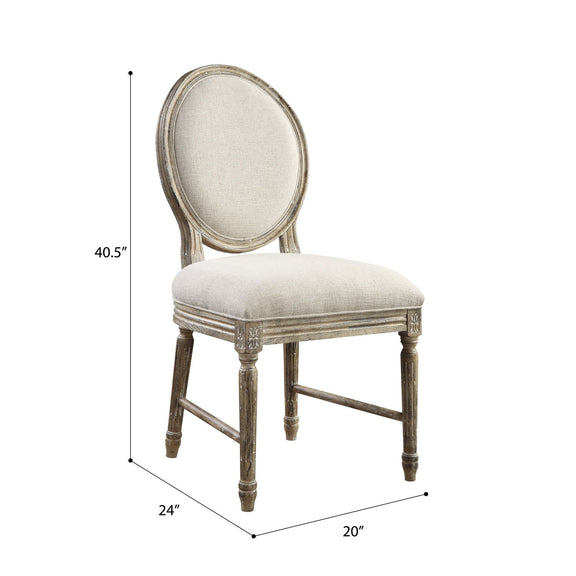 Upholstered dining chair with oval back, light beige cushion, distressed wood legs; 40.5in H
