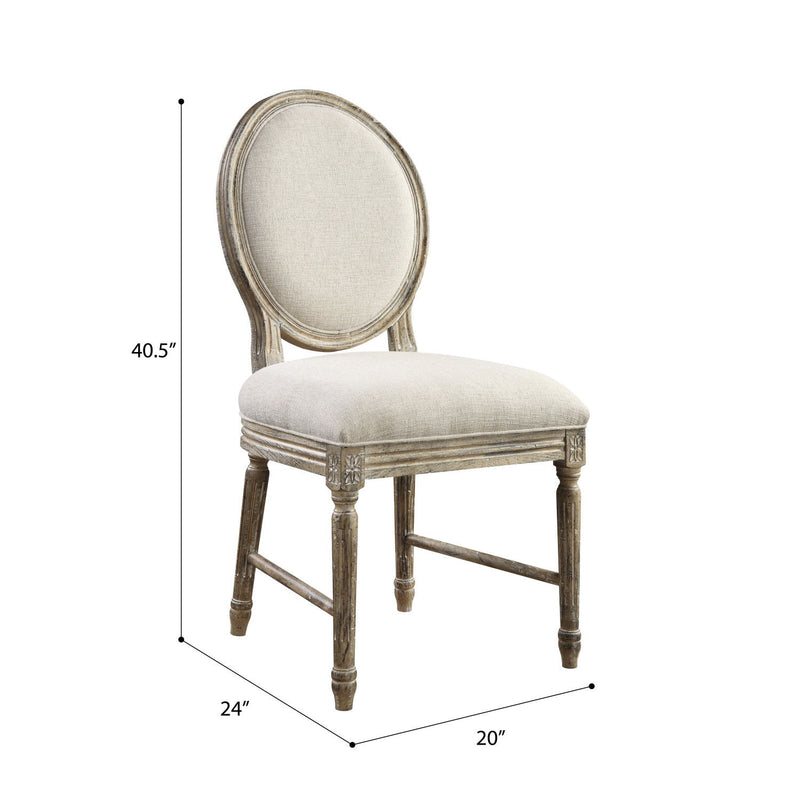 Upholstered dining chair with oval back, light beige cushion, distressed wood legs; 40.5in H