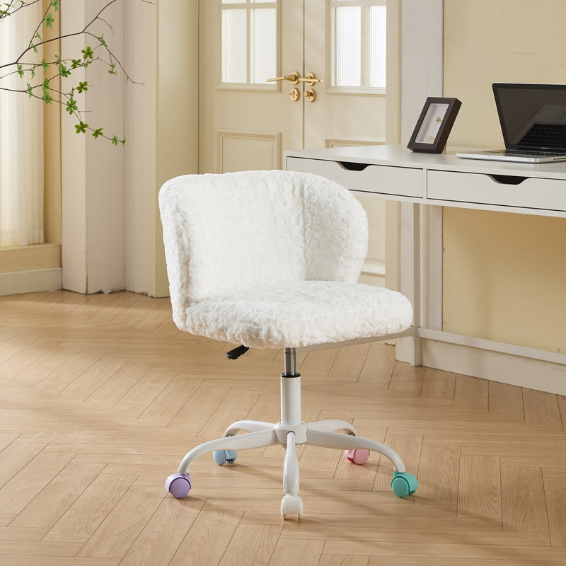 A&A Furniture Office Chair,Artificial rabbit hair Home Office Chair with Metal Base,Adjustable Desk Chair Swivel Office Chair,Vanity Chair(Ivory)