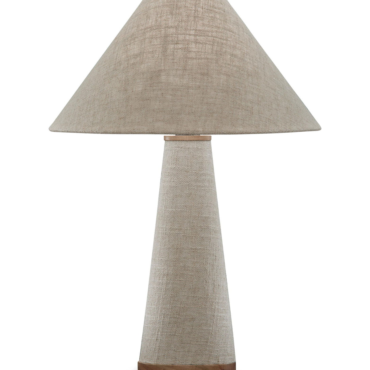 Beige fabric table lamp with conical shade, slender metal stem, wood-tone base ring