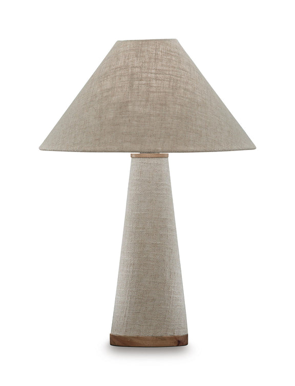 Beige fabric table lamp with conical shade, slender metal stem, wood-tone base ring