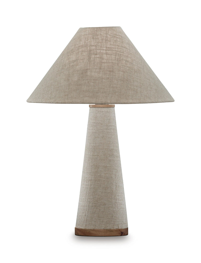 Beige fabric table lamp with conical shade, slender metal stem, wood-tone base ring