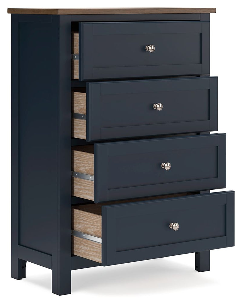 Dark blue four-drawer chest with side openings showing wood interiors, silver knobs