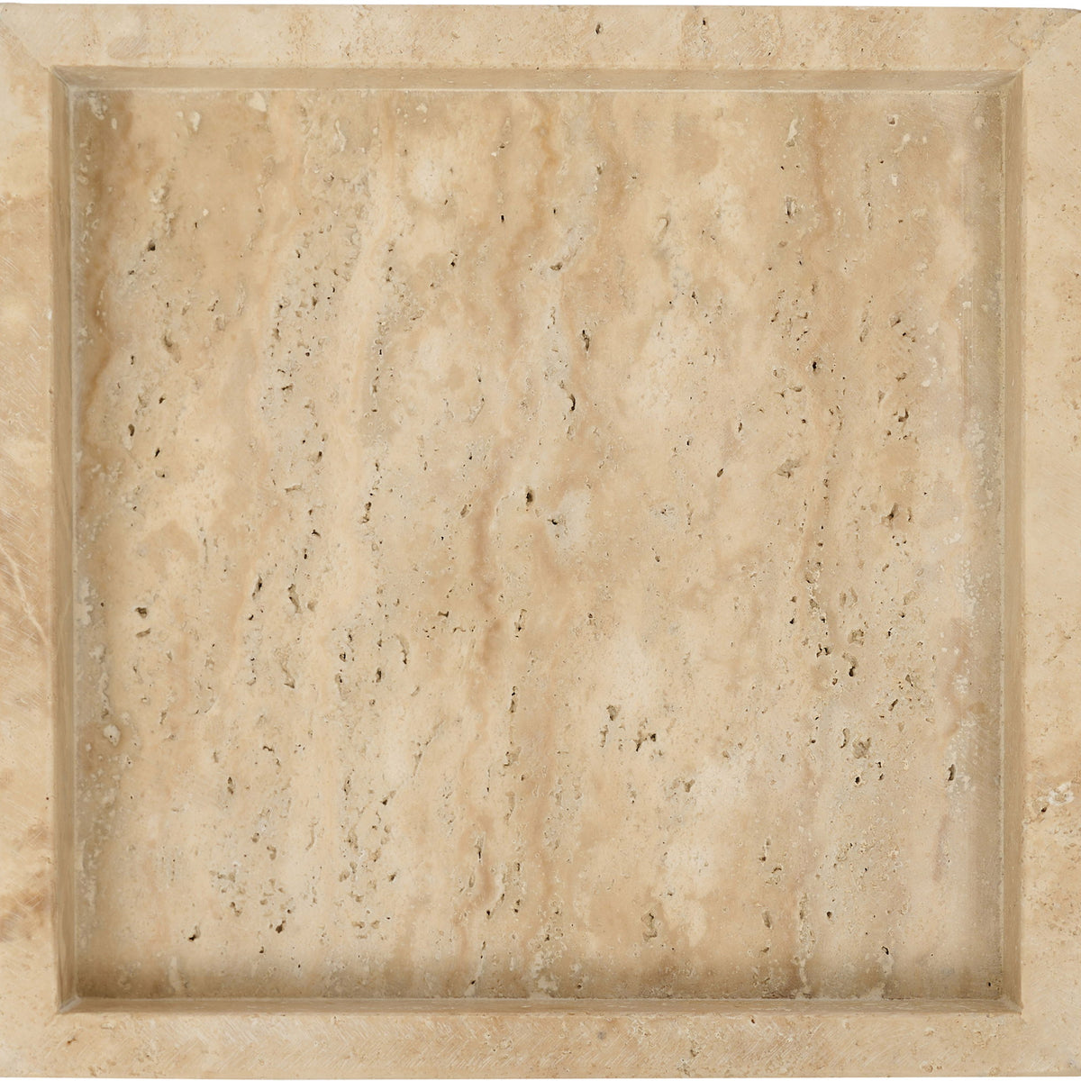 Beige travertine tray with recessed square basin and detailed stone variation